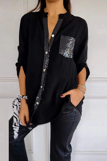 Rolled Up Sleeves Button Down Sequin Splice Blouse Shirt Black
