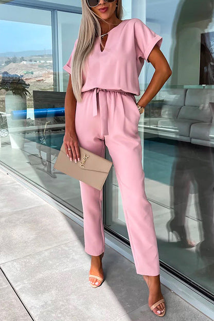 V Neck Rolled Sleeve Pullover Knot Waist Tapered Pants Set Pink