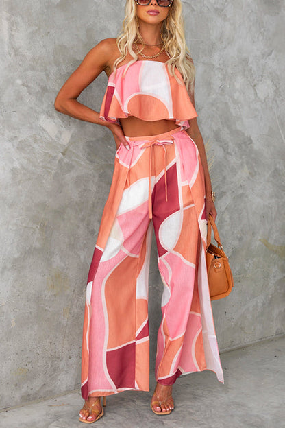 Strapless Ruffle Crop Top Drawstring Waist Wide Leg Pants Printed Set