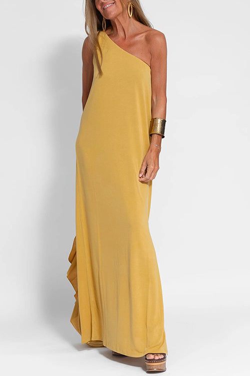 Sleeveless One Shoulder Side Split Maxi Dress Yellow