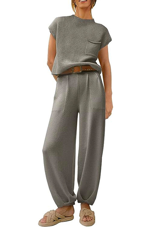Short Sleeves Ribbed Knit Pullover Ruched Harem Pants Set Gray