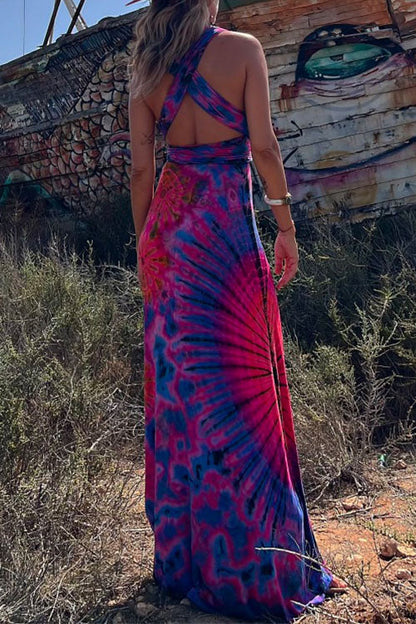 Rosiedress V Neck Criss Cross Backless Tie Dye Maxi A-line Dress