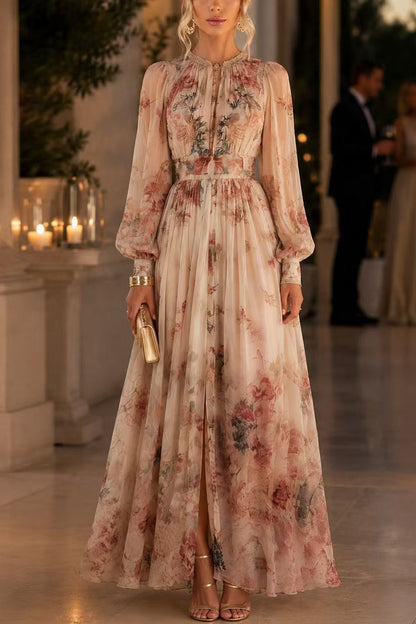 Puff Long Sleeves High Waist Floral Print Maxi Dress