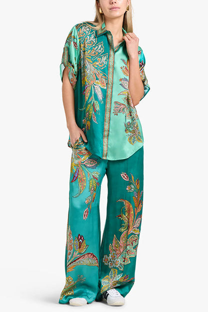 Rosiedress Roll Up Short Sleeves Shirt and Wide Leg Pants Printed Satin Set