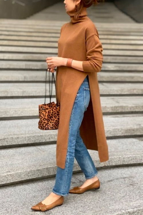 Turtleneck Drop Shoulder Side Slit Loose Sweater Dress