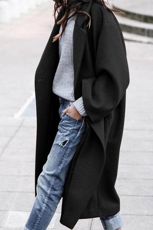 Rosiedress Solid Long Sleeve Oversized Winter Long Coat Black