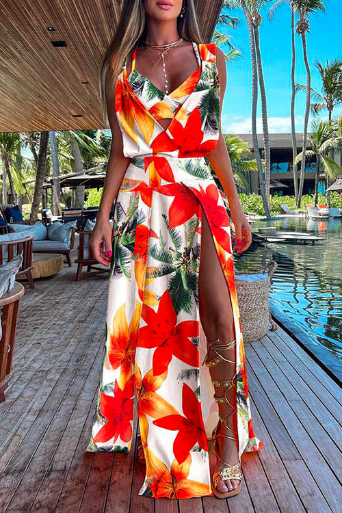 Rosiedress V Neck High Slit Maxi Cover Up Dress with Crop Cami Top Beach Set Red