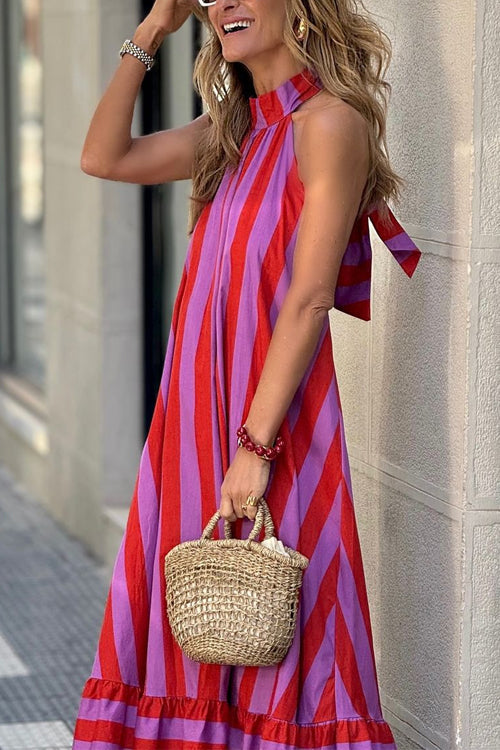 Rosiedress Halter Neck Open Back Striped Ruffle Maxi Vacation Dress