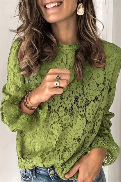 Lace Hollow Out Long Sleeves Tops Green