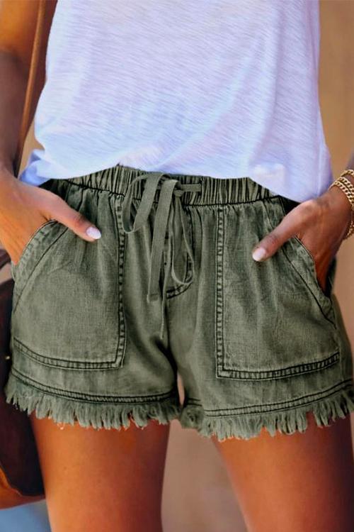Drawstring High Waist Raw Hem Pockets Shorts Green
