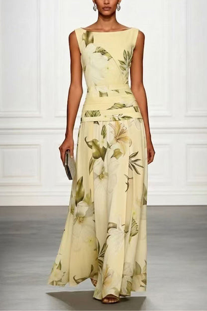 Boat Neck Sleeveless Floral Print A-line Maxi Dress