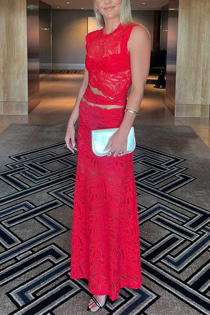 Sleeveless Cut Out Lace Top and Maxi Bodycon Skirt Set