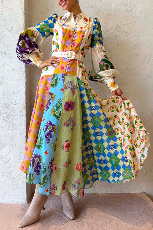 Rosiedress Balloon Long Sleeves Belted Unique Printed Swing Maxi Shirtdress Printed