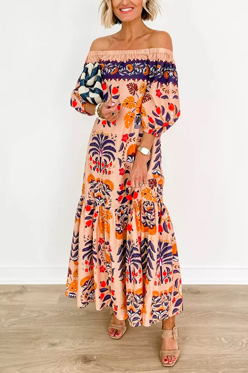 Rosiedress Off Shoulder Lantern Sleeves Printed Ruffle Maxi Dress Printed