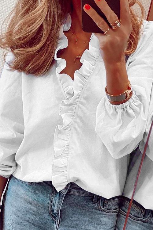 V Neck Long Sleeve Ruffle Blouse Shirt White