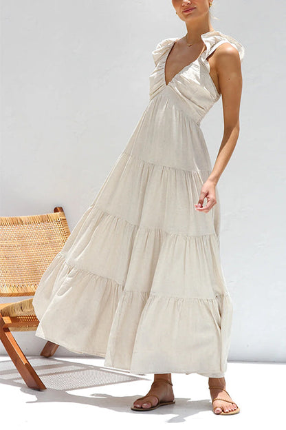 Rosiedress V Neck Ruffle Trim Tiered Sleeveless Linen Maxi Dress Beige