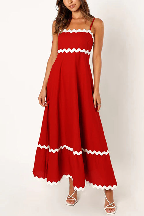 High Waist Ric Rac Print Swing Midi Cami Dress Red