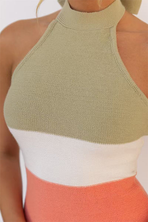 Halter Neck Color Block Side Slit Knit Midi Dress