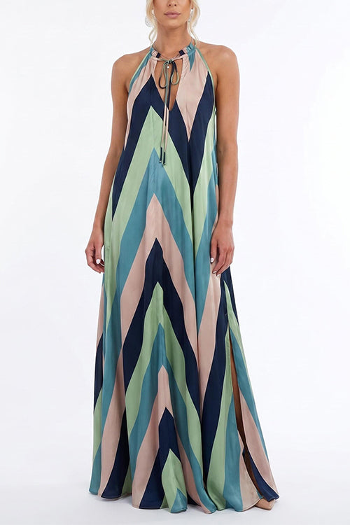 V Neck Sleeveless Color Block Slit Maxi Dress