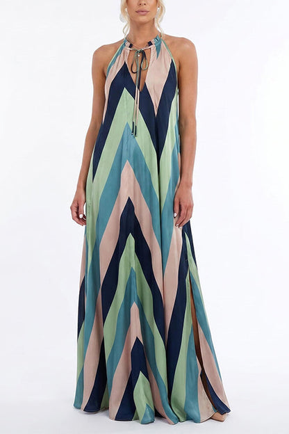 V Neck Sleeveless Color Block Slit Maxi Dress