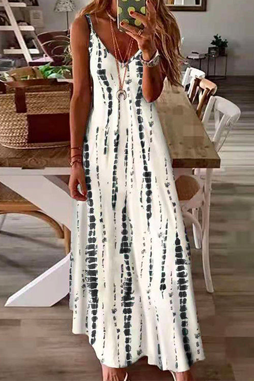 Rosiedress V Neck Tie Dye Swing Maxi Cami Dress White