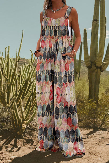 Buttons Wide Leg Pocketed Geometric Print Overalls Pink