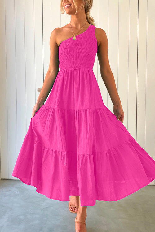 Rosiedress One Shoulder Sleeveless Smocked Ruffle Tiered Maxi Dress HotPink