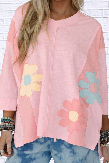 Flower Patched Exposed Seam Oversized T Shirt