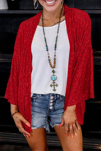 Open Front Kimono Sequin Cardigan Red