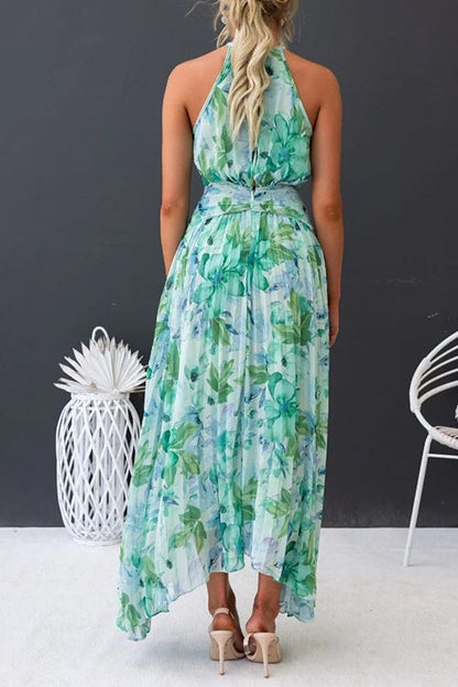 Rosiedress V Neck Waisted Cut Out Floral Pleated Maxi Dress