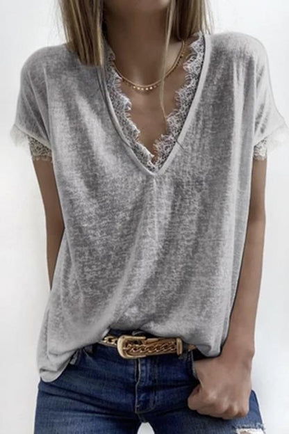 V Neck Solid Lace Blouse Top