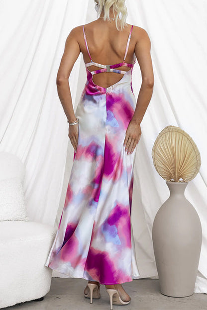 Spaghetti Strap Backless Cut Out Slit Tie Dye Maxi Dress