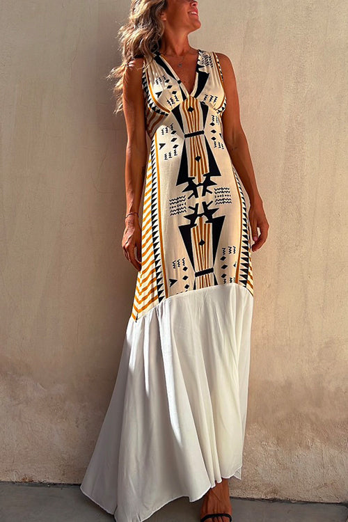 Rosiedress Sleeveless V Neck Printed Splice Maxi Swing Dress