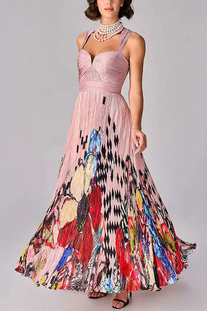 Sleeveless High Waist Floral Print Pleated Maxi Dress
