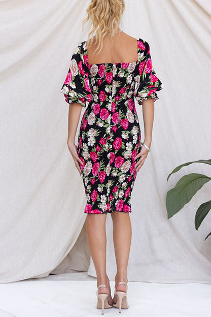 Rosiedress Square Neck Smocked Floral Print Midi Bodycon Dress