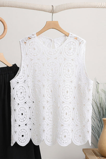 Round Neck Sleeveless Hollow Out Crochet Top White OneSize
