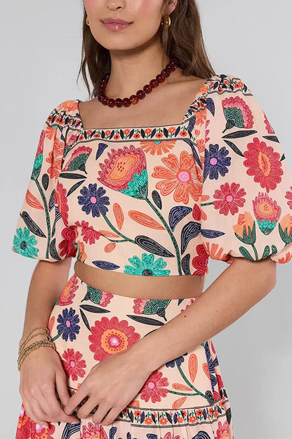 Puff Sleeves Back Cut Out Floral Print Crop Top