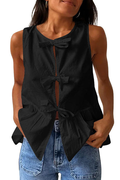 Bow Front Sleeveless Cotton Linen Ruffle Top(in 6 Colors)