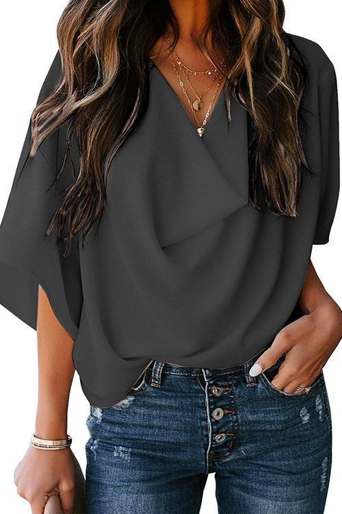 Rosiedress Cowl Neck Short Sleeve Drape Chiffon Shirt DarkGray