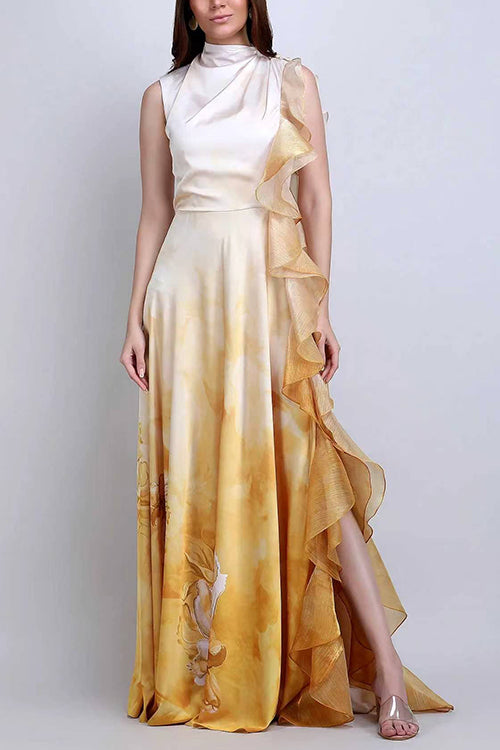 Mockneck Sleeveless Floral Print Ruffle Slit Maxi Dress