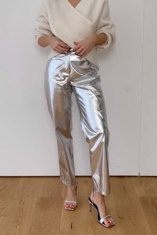 Rosiedress Glam High Rise Straight Leg Faux Leather Pants Silver