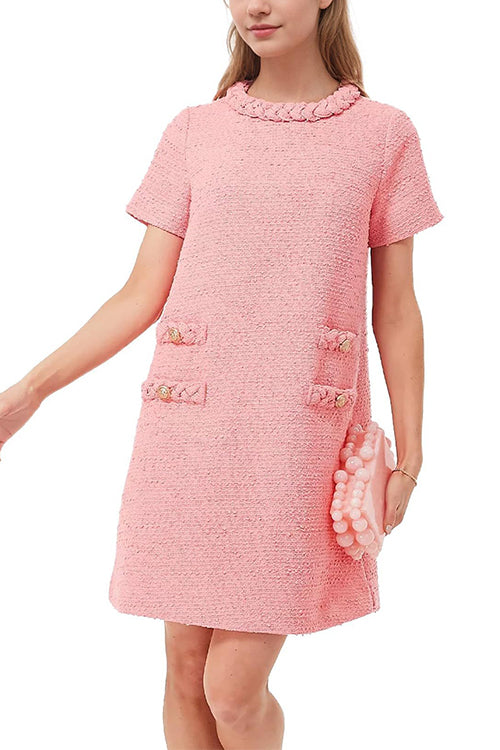 Rosiedress Elegant Crewneck Short Sleeves Buttons Tweed Dress