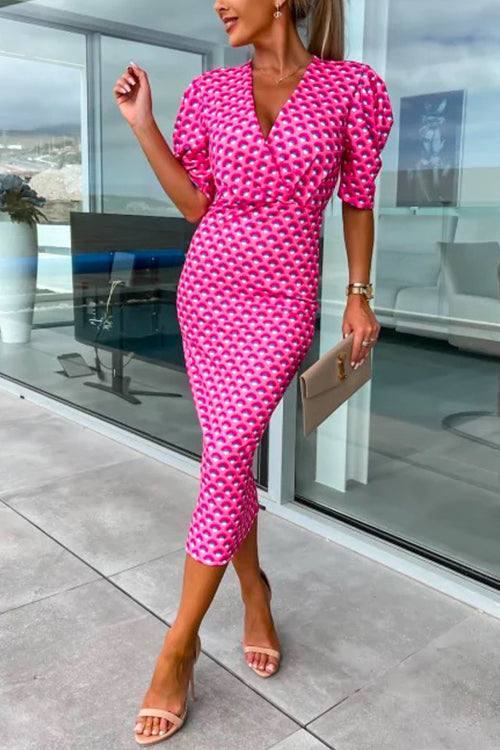 Rosiedress Wrap V Neck Puff Sleeves Printed Midi Bodycon Dress HotPink