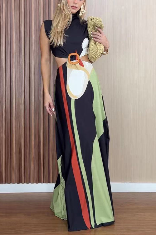 Mockneck Sleeveless Cut Out Waist Printed Maxi Dress