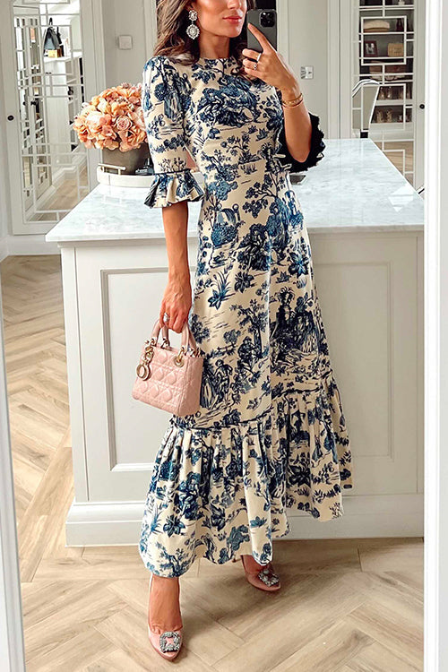 Bell Sleeves Waisted Landscape Printed Maxi Ruffle Dress Printed