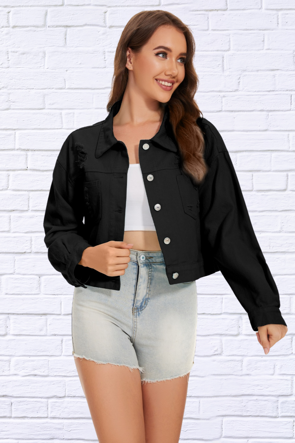 Distressed Distressed Button Up Denim Jacket