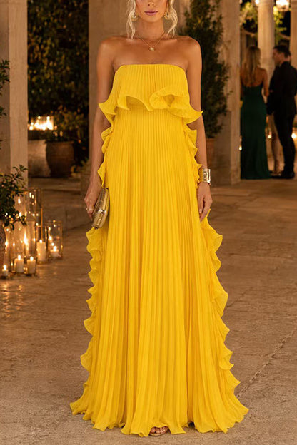 Elegant Strapless Tube Ruffle Pleated Maxi Dress