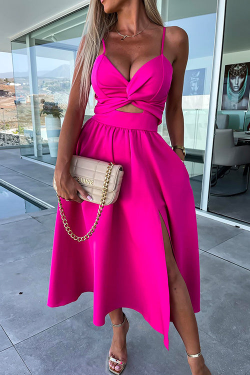V Neck Backless Twist Front Cut Out Slit Cami Party Dress HotPink