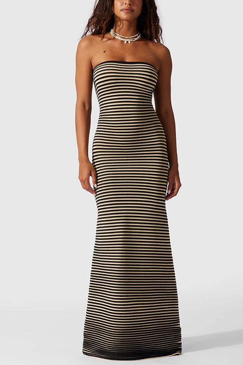 Strapless Tube Striped Knit Maxi Bodycon Dress Black