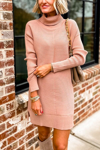 Turtleneck Ribbed Knit Shift Sweater Dress Pink